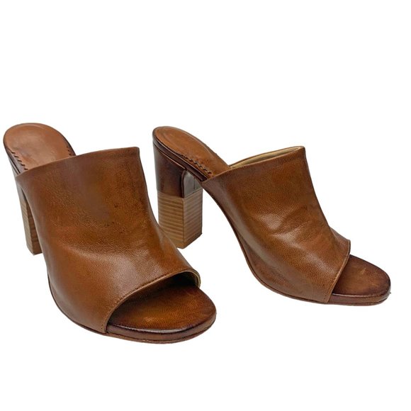 MARTE'S Walnut Brown Leather Open Toe Block Heel Mules - Picture 6 of 10